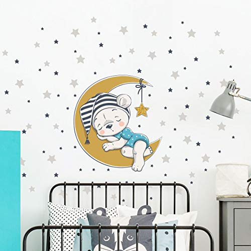 Wall Stickers for Children - Baby Room Decoration - Wall Stickers - Bear on Moon + 100 Stars - Wall Sticker - H30 x L30 cm - Image 2