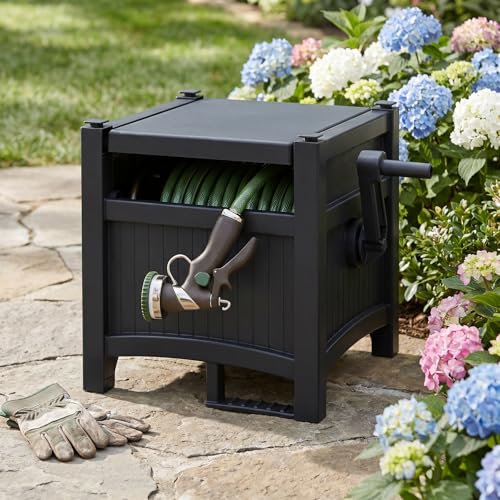 Garden Hose Reel Hideaway Storage BoxResin Outdoor ContainerOutdoor Garden Hose Reel StorageGarden Hose Holder & Hose Reel for 100FT 5/8 Inch Water LineNo Assembly Required