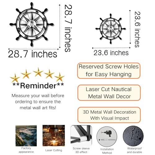 cideny Metal Wall Art Anchor Compass Sign, Nautical Wall Decor, Beach Anchor Wall Sculpture for Living Room, Café, Hallway, Bar, Restaurant, Coastal Home – Black 28.7"x28.7" - Image 3