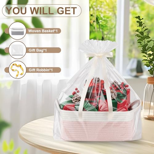 Image of OIAHOMY Woven Basket, Gift Basket Empty with Gift Bags and Ribbons, Rope Baskets for Baby Showers, Storage Baskets with Handles for Nursery, Pet Toy Organizer - Pink & White