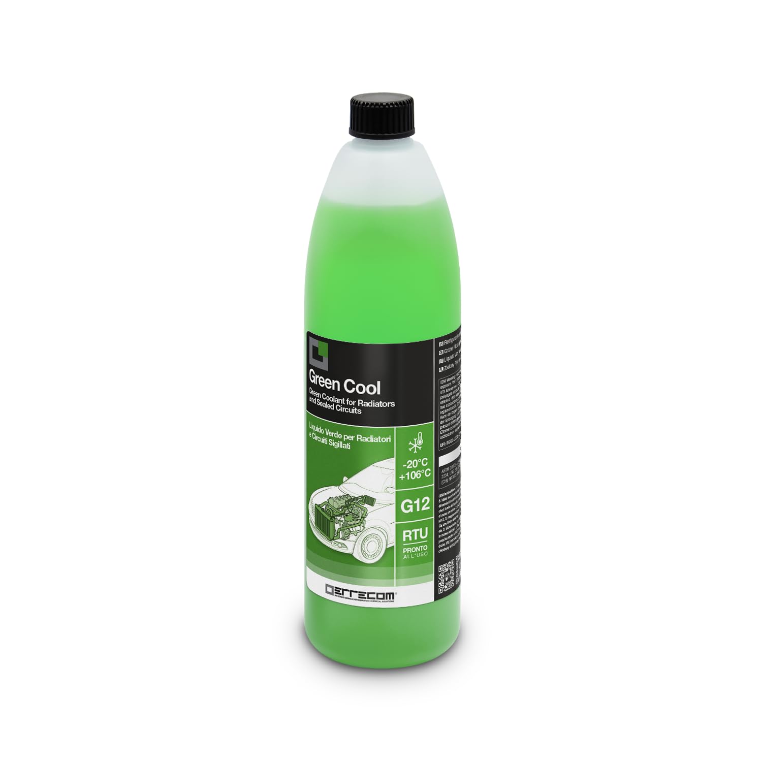 ERRECOM Green Cool, Green Coolant and Antifreeze -20°C/+106°C, Formulation with organic-based OAT inhibitor package, G12, Ready to Use, 1 Litre