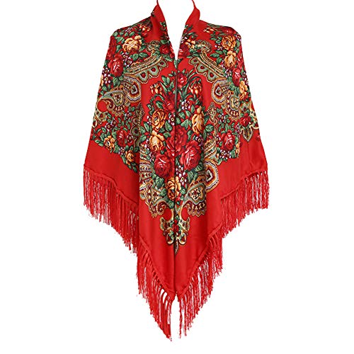 Gudessly Damen-Schal, 157,5 x 157,5 cm, Retro-Schal, Wickeltuch, Quaste, Fransen, Blumen-Poncho, Rot, 63 * 63 inch
