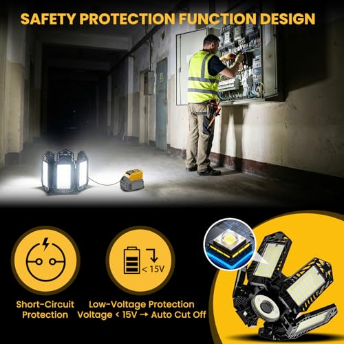 Image of LED Work Light Compatible with Dewalt 20V Battery - 68W 6800LM Ceiling Flood Light 6+1 Deformable Panels Garage Light with Type-C & USB-A, Emergency Camping Light for Shed, Workshop, Job Site