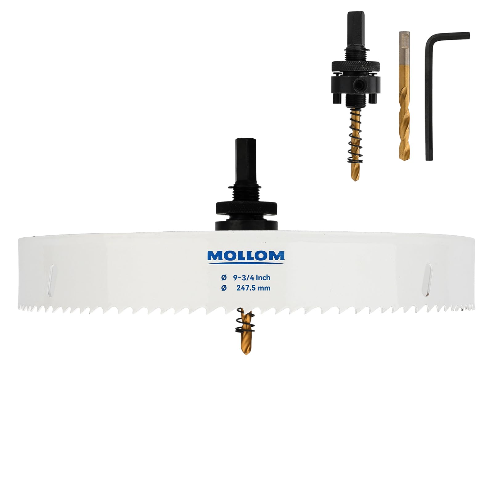 MOLLOM (247.5mm | 9-3/4") Seghe a tazza bimetallica HSS M42 con 8% di cobalto, 2 punte di trapano e un'asta, taglio uniforme per PVC, cartongesso, legno, plastica, pannello di gesso, gomma | 2 punte per trapano pilota, taglio liscio, PVC, cartongesso, leg