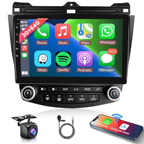 for Honda Accord 7th 2003-2007 Android Car Radio Stereo with Wireless Carplay/Android Auto 10.1' Touchscreen WiFi GPS Navigation Backup Camera DSP Bluetooth FM/RDS SWC 2G+64G