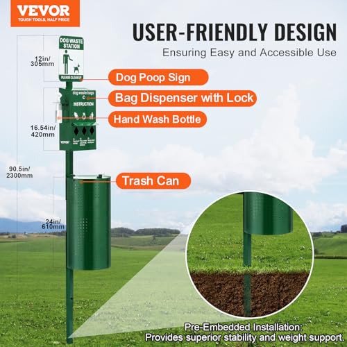Image of VEVOR Dog Waste Station, 11.5 Gallon Pet Waste Station with Hand Wash Bottle, Lockable Bag Dispenser, 50 Can Liners & 600 Waste Bags, Outdoor Pet Poop Station for Commercial Use, Parks, Backyard