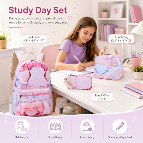 Image of LOIDOU Backpack for Teen Girls Bookbags School Backpack with Lunch Box and Pencil Case 3 in 1 School Bags Set (Pink)