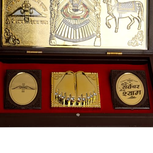 Image of 24K Gold Coated Khatu Shyam Baba | khatu Shyam ji Photo Frame | Charan Paduka Box for Pooja | Decorative Showpiece | Devotional Prayer Box | Wedding Gifts & House Warming | Diwali Gifts