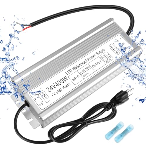 LED Driver 400W 24V Power Supply, IP67 Waterproof Low Voltage Transformer, AC 90-140V to DC 24V...