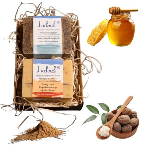 Lucknel® Naturseife Geschenkset 2er Set – Honig & Ringelblume mit Sheabutter + Walnuss & Kamille mit Totes-Meer-Tonerde – Familienmanufaktur mit 14 Jahren Seifen-Erfahrung