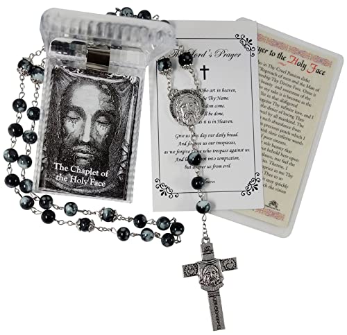 Holy Face Chaplet - with Holy Face Prayer Card | Holy Face Rosary with Crucifix Featuring Shroud Of Turin, Holy Face Of Jesus Veronica's Veil Devotion Prayer, Lord's Prayer Card | 3 Items Set