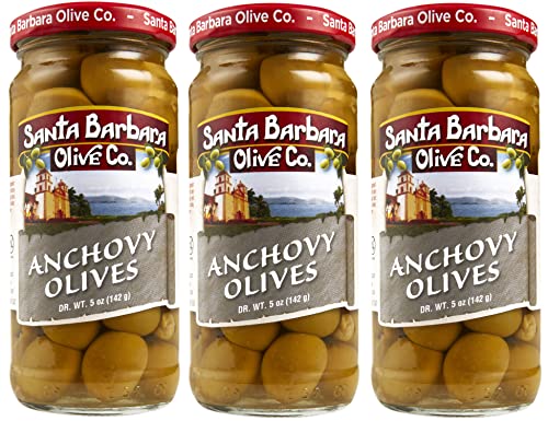 Santa Barbara Green Olives Pitted Anchovy Stuffed, Perfect for Charcuterie Boards, Salads, Pizza, and Pasta, 3 Pack, 5oz (142grams) Each