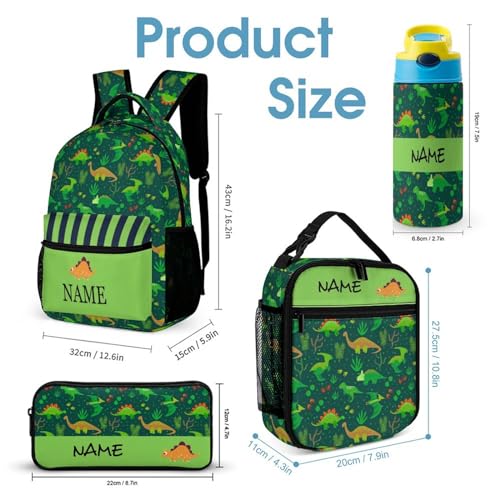 Custom Green Cute Dinosaur Backpacks 4 Piece Set Personalized Add Name Backpack with Lunch Bag Pencil Bag Kids Water Bottle Customization School Book Bags for Boys Girls2