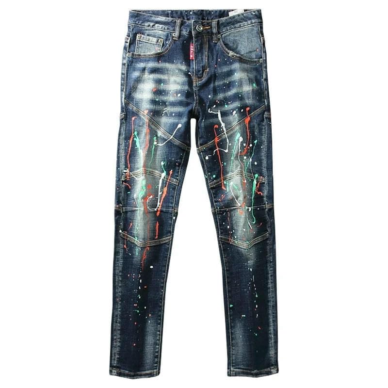 Streetwear Men Jeans Retro Elastic Slim Fit Ripped Biker Jeans Trousers Painted Hip Hop Denim Pants Mens4