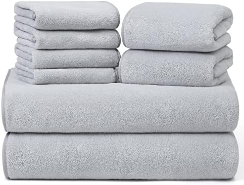 Aibaser Oversize Bath Towel Set, 60 x 30 in, 8 Piece Towel Set for Bathroom, Super Absorbent, Quick Dry Microfiber Bath Towels (Light Grey)