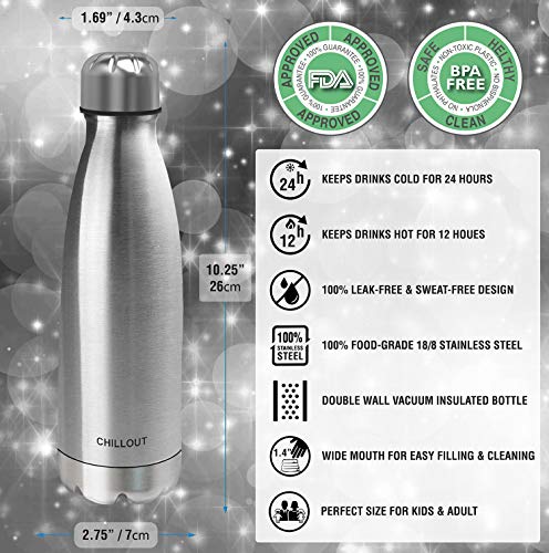 Image of CHILLOUT LIFE 17oz Insulated Stainless Steel Water Bottle, Leak Proof