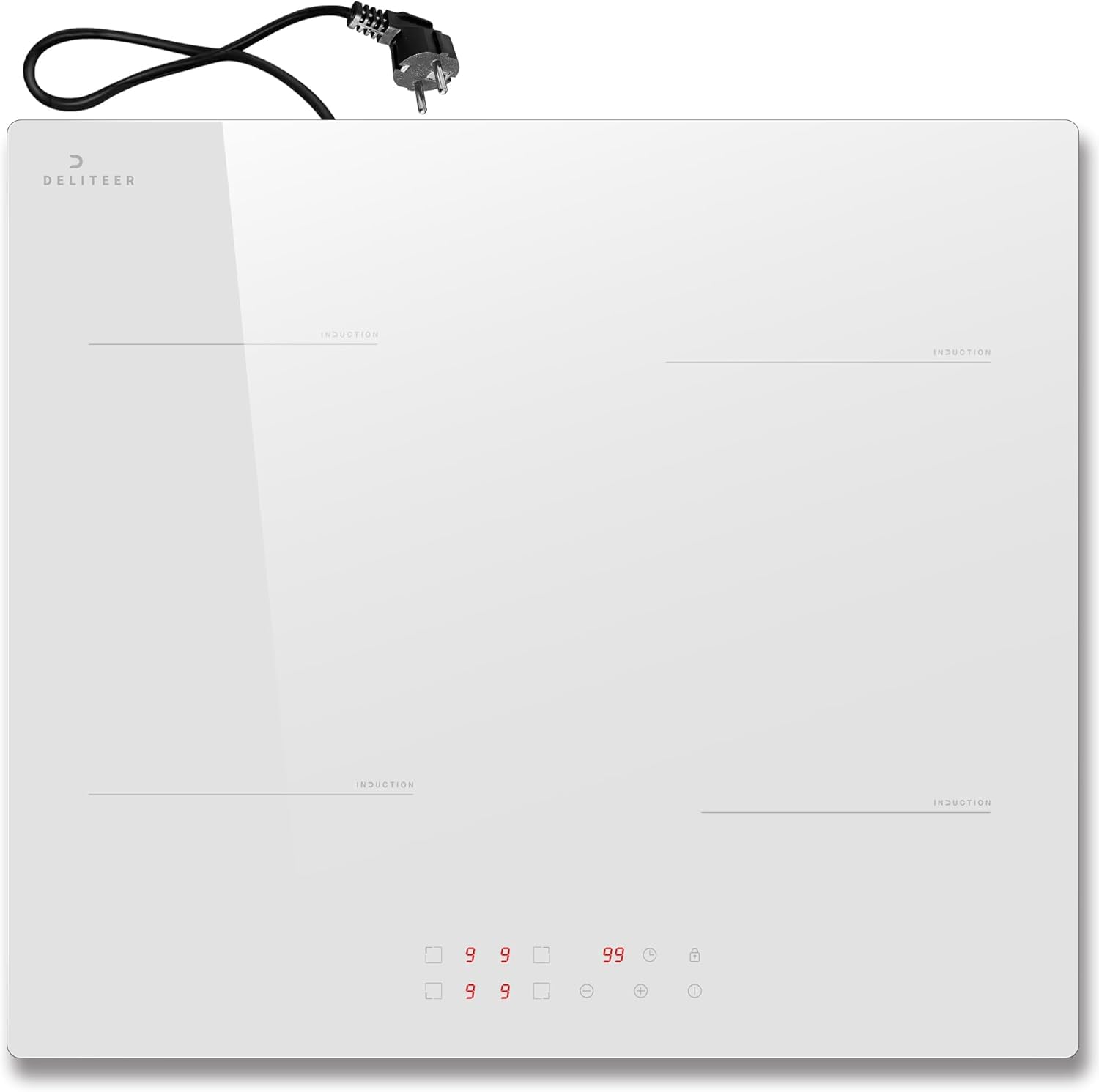 Placa de inducción 4 fuegos blanco DELITEER, Empotrable, 60 cm, Vitrocerámica blanca, Control táctil, Bloqueo de seguridad, Temporizador, 220 V ~ 240 V, 3500 W, Con enchufe