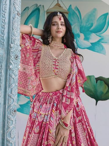 Image of Women's Digital Print With Zari Dori Embroidery Work Chinnon Silk Lehenga Choli With Dupatta (Women-Lehenga-Choli-New; Free size)
