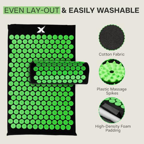 XN8 Yoga Acupressure Mat Pillow Set Acupoint Acupuncture Reflexology Mat for Massage-Pain Relief-Stress Reduction-Therapy-Relaxation with Carrying Bag and Strap(Black/Green) - Image 3