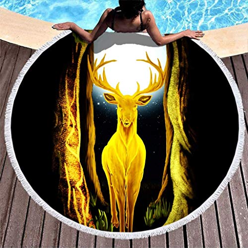 SUN DANCE Fairy Golden Elk God Moon Forest Night Fantasy Animal Artwork Print Toalla de Playa Redonda súper Suave con borlas Colorido Flecha Redonda Manta de Playa Manta de Playa Redonda