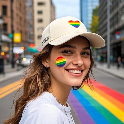 Image of LGBT Pride Baseball Hat, Embroidered Rainbow Heart Hat, Adjustable Gay Lesbian Love Cap for Men Women