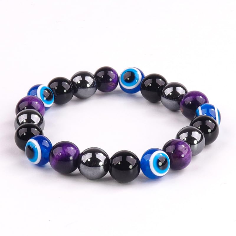 Image of Evil Eye Bracelet for Men Women - Triple Protection Bracelet - Tiger Eye and Black Obsidian Chakra Energy Healing Bracelet - 8mm Beads Good Luck Prosperity and Happiness Crystal Jewelry Stone