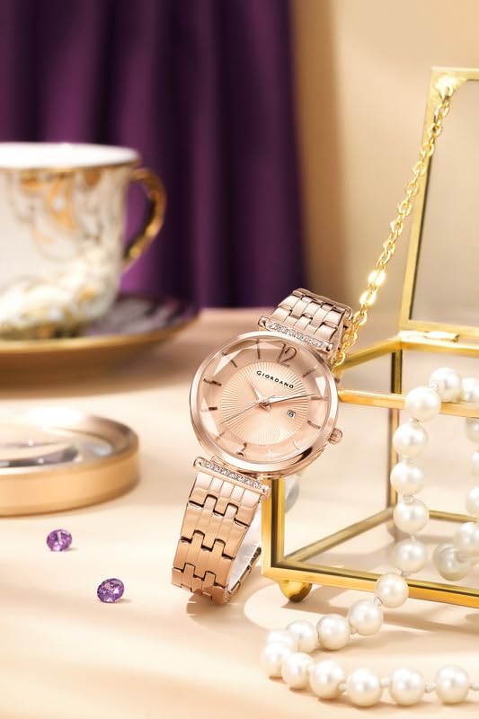 Image of Giordano Exquisite Analog Watch for Women with Round Cut Glass Textured Dial, Date Display Function, Quartz Movement and Stainless Steel Strap - GZ-60111