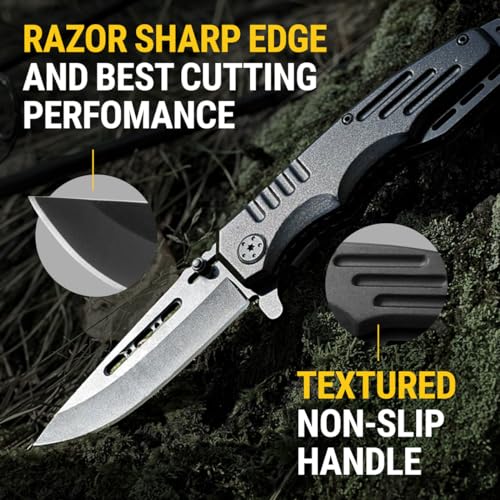 Grand Way 6681 Safety Lock Pocket Knife - Spring Assisted 3.4-Inch Sharp Blade - Folding Tactical Black Knife With Aluminum Handle - Ideal Knives Set thumb #5