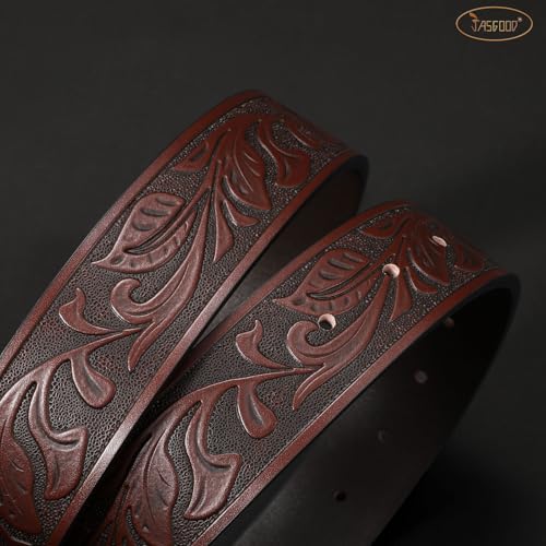 JASGOOD Men Leather Western Belt, Cowboy Cowgirl Country Belt with Longhorn Cow Vintage Engraved Buckle Belt for Jeans4