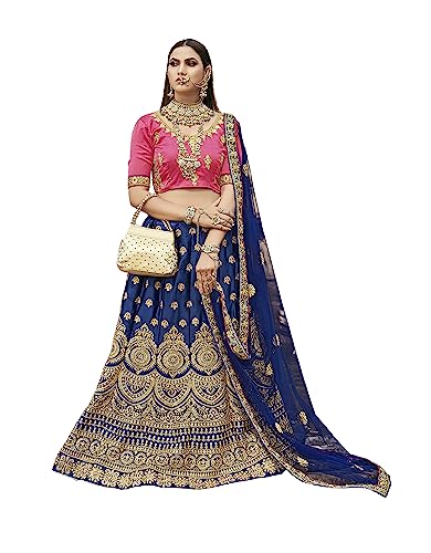 MANVAA Women'S Blue Semi-Stiched Embroidered Sattin Silk Lehenga Choli (MISMSB40006) Deal