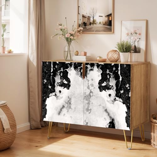 SIGNWIN Sideboard Buffet Cabinet, Kitchen Storage Cabinet with 2 Doors, Black & White Marble Granite Pattern, Cupboard Console Table for Dining Room - 35' L x 18' W x 29' H