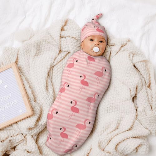 Image of Flamingo Newborn Swaddle Blanket for baby,Unisex Baby Stuff,Soft for Boys Girls, with Beanie hat Set, Baby Swaddle Wrap for Baby Shower Infant