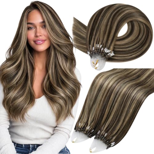 Moresoo Micro Loop Hair Extensions Real Human Hair, Caramel Brown Highlight