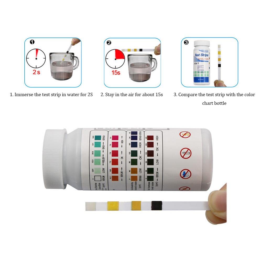 Rockyin 50 pz/Scatola Multiuso 4 in 1 Piscina Spa Strisce Reattive Acqua Cloro PH Tester di Carta per Cloro PH e Alcalinità Test