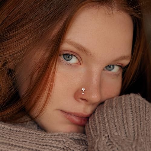 14K Real Gold Nose Stud - 18G Nose Stud L Shaped Nose Rings Dangle Nose Rings for Women CZ Opal Flower Sun Nose Piercings Gold Nose Jewelry for Women Men2