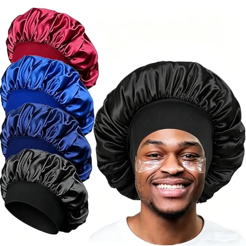 Image of 4 Pcs Double Layer Reversible Satin Bonnet, Large Sleeping Hair Bonnet, Soft Night Sleep Cap for Men, Women, Curly Hair and Braids, Black, Navy, Royal Blue, Wine Red