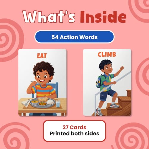 Image of Action Words Flash Cards for Kids | 3+ Years | 27 Double-Sided Cards with 54 Action Words | Verb Flash Cards for Preschool Learning & Vocabulary Building | BIS Approved