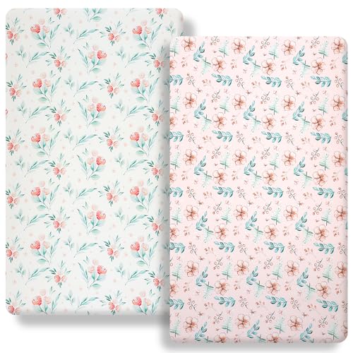 Image of FHMJYH Pack n Play Flat Sheet 2 Piece Mini Crib Sheet Elastic Playard Sheet Set Portable Sheet Set Elastic Convertible Playmat Compatible Graco Pack n Play (Owl and Tree Bag) (Pink Flowers)