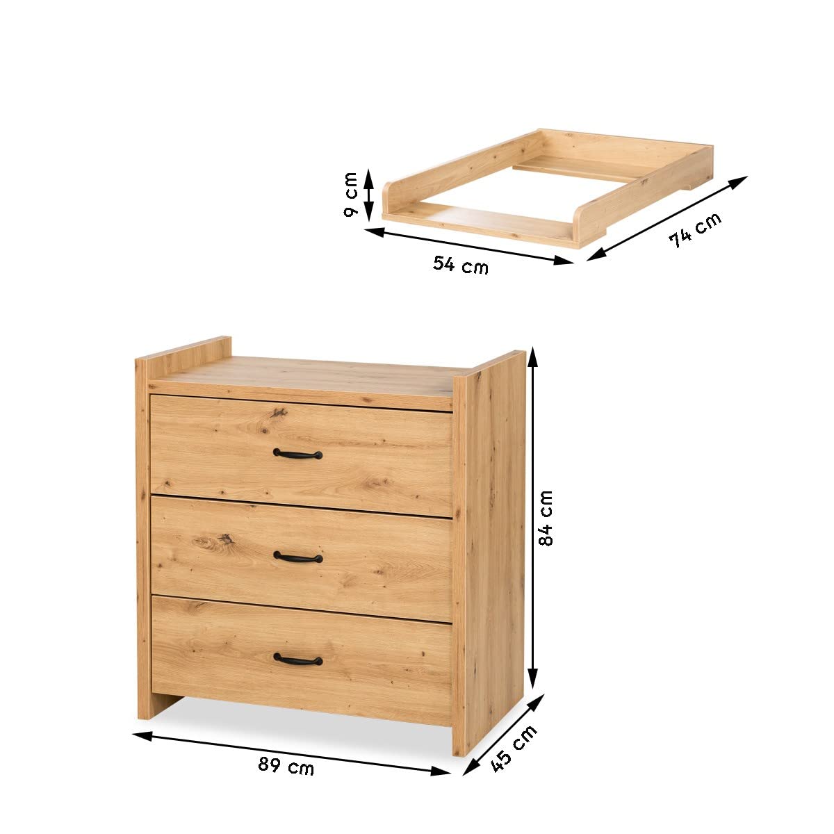 AMELIA - Cómoda de bebé con cambiador extraíble y 3 cajones, roble