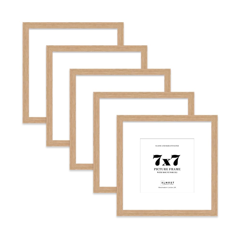 7x7 Oak Picture Frame with Mount for 5x5 Photos, Prints - Modern Square Wall Frame, Set of 5