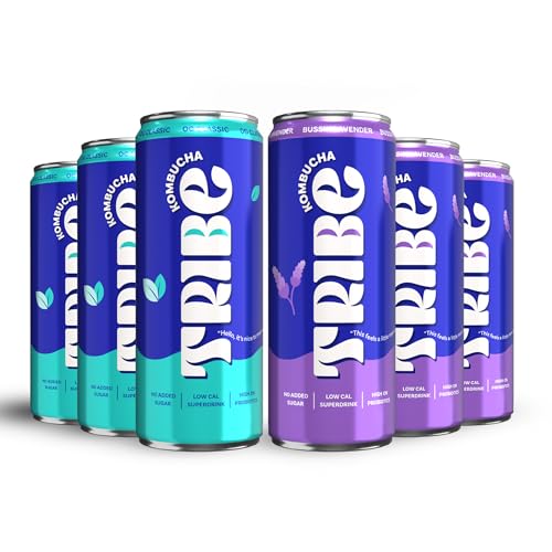 Image of Tribe Kombucha Probiotic Super Drink | Supports Gut Health | Gluten-Free | Naturally Fermented | Super Refreshing | Gut Friendly | Improves Blood Sugar | Antioxidant and Hydration | No Added Sugar | 250 ML X 6 (OG CLASSIC + BUSSIN LAVENDER)