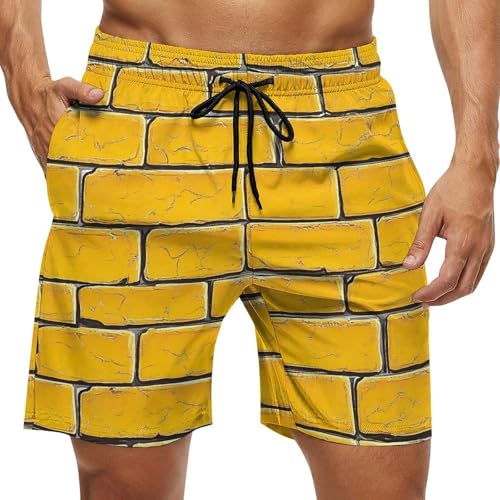 Yellow Brick Wall Men's Swim Trunks Hawaiian Shorts with Pockets Beach Board