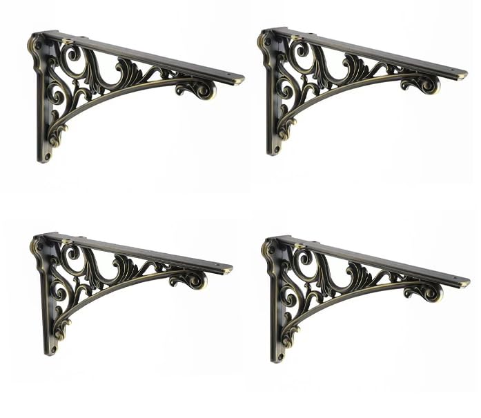CABDM Decorative Shelf Bracket 12 inch Brushed Antique Brass Brackets for Shelving Solid Heavy Duty Vintage DIY Projects Hardware Included 4 Pack Heavy-Duty Shelf-Brackets