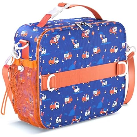YOLAY Kids Lunch Bag, Double Insulated Lunch Bag Kids Girls Boys, Durable, Spacious with Zippered Pocket, Adjustable Straps & Handles, Bento Lunch Bag for School & Outdoor - Trucks (Smart) Cover