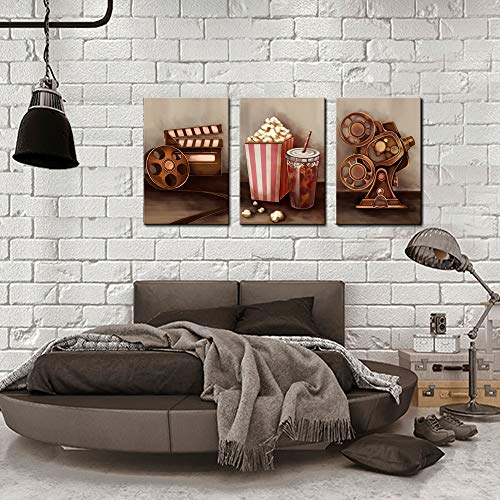 Sechars - 3 Piece Canvas Wall Art Classic Old Fashion Film Reels Popcorn Poster Painting Vintage Bar Pub Home Movie Theater Media Room Wall Decor Gallery Canvas Wrapped Artwork (16X24Inchesx3Pcs) #TOP2