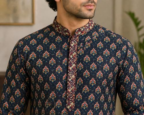 Image of Tattva Men Navy Blue Geometric Design Sequined Jacquard Kurta with Pyjamas