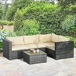 Outsunny 3 Pieces Garden Rattan Furniture Set, 4 Seater Wicker Patio Furniture Outdoor Conversation Set with Loveseats Coffee Table Cushions for Backyard Pool, Beige
