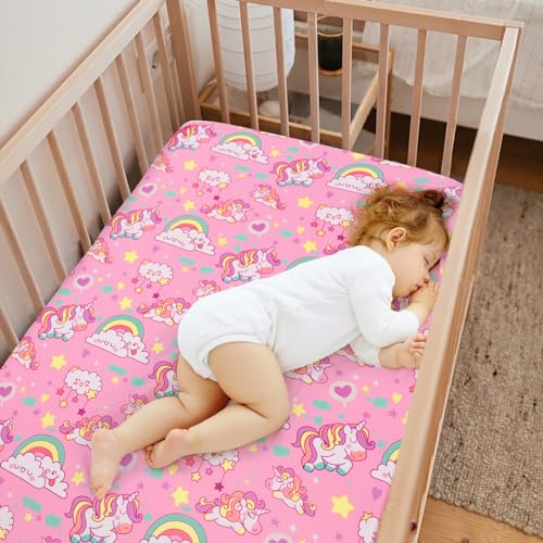 Image of JISEN Baby Fitted Crib Sheets for Standard Crib and Toddler Mattress Soft Breathable Pink Unicorns Toddler Bed Sheets for Boys and Girls Neutral 52x28 Inch
