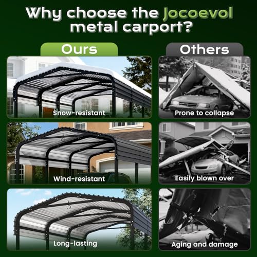 Image of Jocoevol 10x15FT Metal Carport, Heavy Duty Car Garage w /Reinforced Support Rods and Windproof Ground Anchors, All-Weather Multi-Use Outdoor Shelter for Car, Boats and Truck