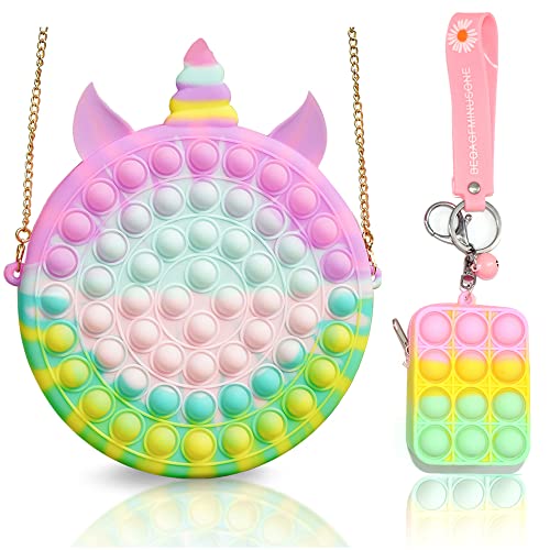 DAN SPEED Pop-On-It Shoulder Bag Fidget Toy, Pop Shoulder Bag with Pop Pursue,Popper Keychain, Antistress Silicone Pop Chain Shoulder Bag with Zipper for Girls Crossbody (Macaron Pony-Icecream Purse)